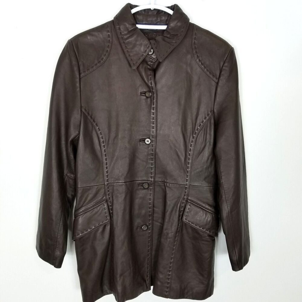 Reilly Olmes Collection Women Leather Button Up Jacket Sz L‎ Brown Grunge